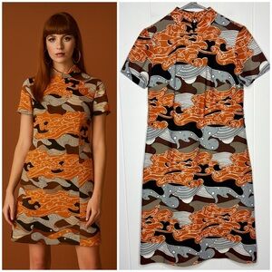 VINTAGE 70’s Orange Brown Groovy Retro Dress Vibrant Colors Costume 1970’s